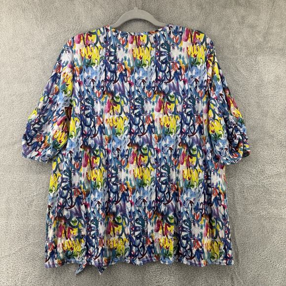 SNOSKINS Top Womens XL Blue Stretch Tie Hem V- Neck Elbow Sleeve Art to Wear - Picture 7 of 13